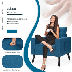 Sininen lepotuoli sivutaskuilla ja ergonomisella muotoilulla