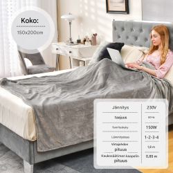 Sähköinen harmaa heittopeitto 150x200 cm, 4 lämpötilaa