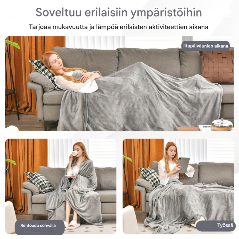 Sähköinen harmaa heittopeitto 150x200 cm, 4 lämpötilaa