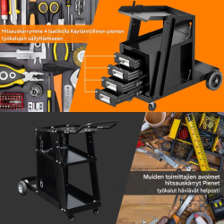 Musta hitsausvaunu 4 laatikolla ja kaasupullon pidikkeellä