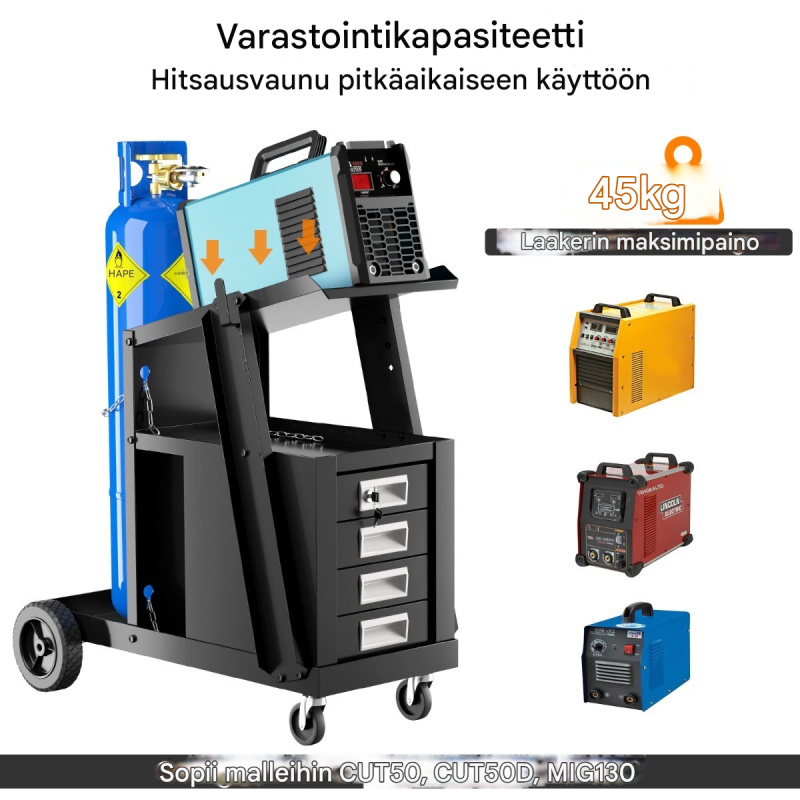 Musta hitsausvaunu 4 laatikolla ja kaasupullon pidikkeellä