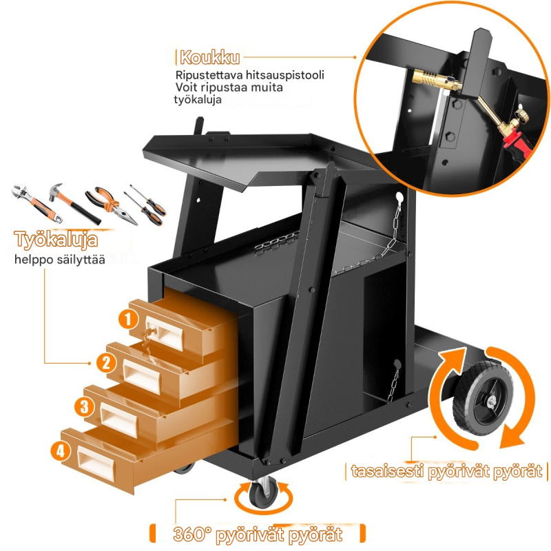 Musta hitsausvaunu 4 laatikolla ja kaasupullon pidikkeellä