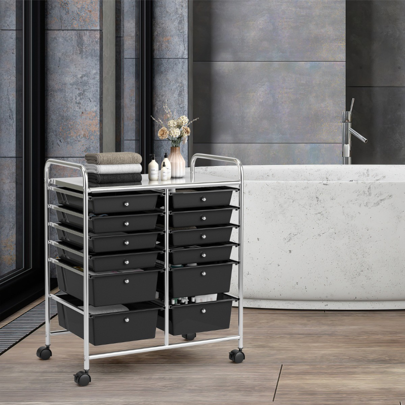 Musta rullakärry 12 pinottavalla laatikolla ja metallirungolla
