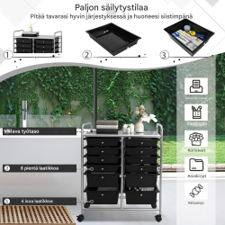 Musta rullakärry 12 pinottavalla laatikolla ja metallirungolla