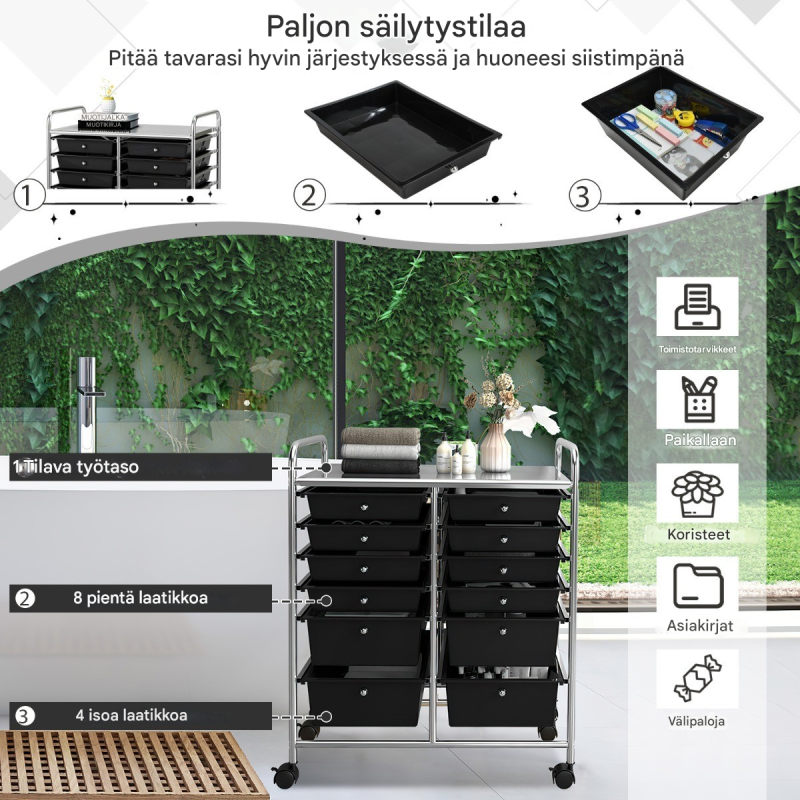 Musta rullakärry 12 pinottavalla laatikolla ja metallirungolla