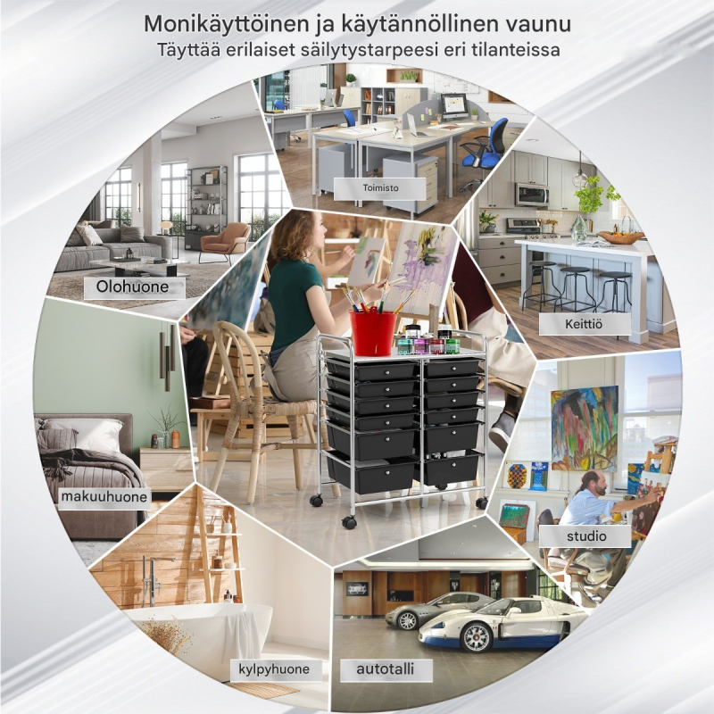 Musta rullakärry 12 pinottavalla laatikolla ja metallirungolla