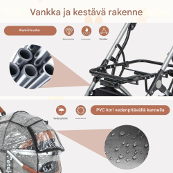 3-in-1 harmaa lemmikkikärry, vedenpitävä ja säädettävä teleskooppikahva