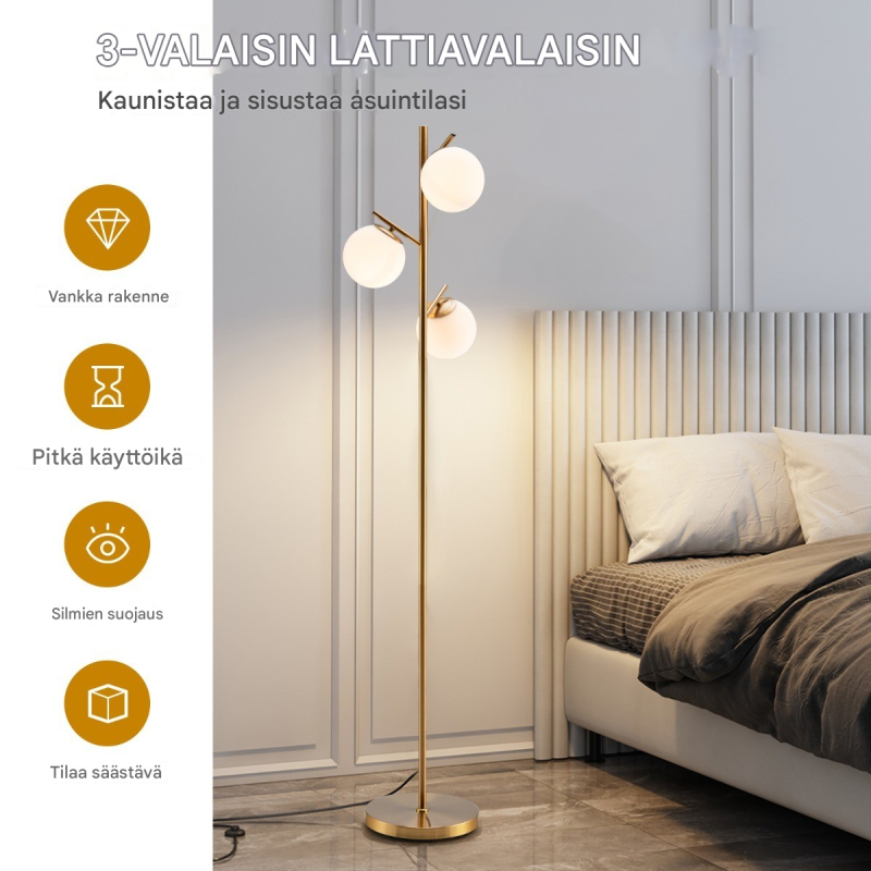 Kolmiliekkinen kultainen lattiavalaisin lasivarjostimilla ja jalkakytkimellä