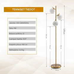 Kolmilamppuinen kultainen lattiavalaisin lasivarjostimilla ja jalkakytkimellä