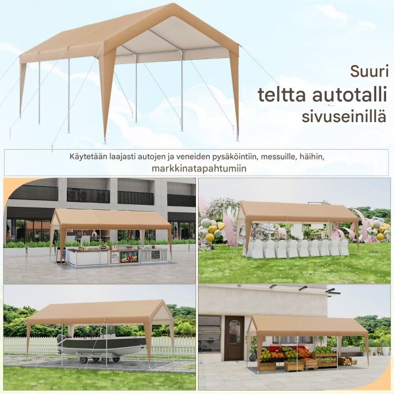 Keltainen tilava autokatos metallirungolla ja PE-katteella