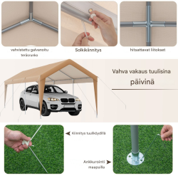 Keltainen tilava autokatos metallirungolla ja PE-katteella