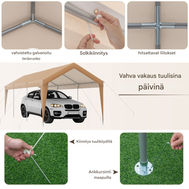 Keltainen tilava autokatos metallirungolla ja PE-katteella