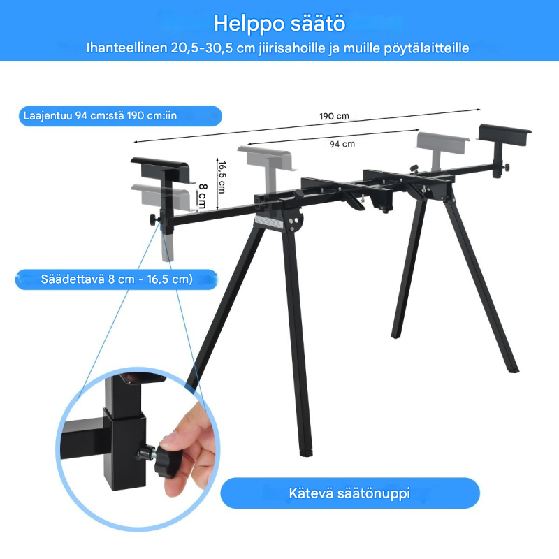 Taitettava universaali työvälineteline musta säädettävällä korkeudella