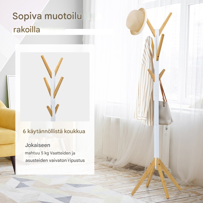 Bambusta valmistettu vaatepuu 6 koukulla, luonnonväri