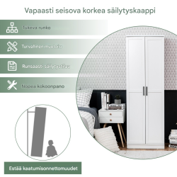 Valkoinen 178 cm korkea kaappi säädettävillä hyllyillä