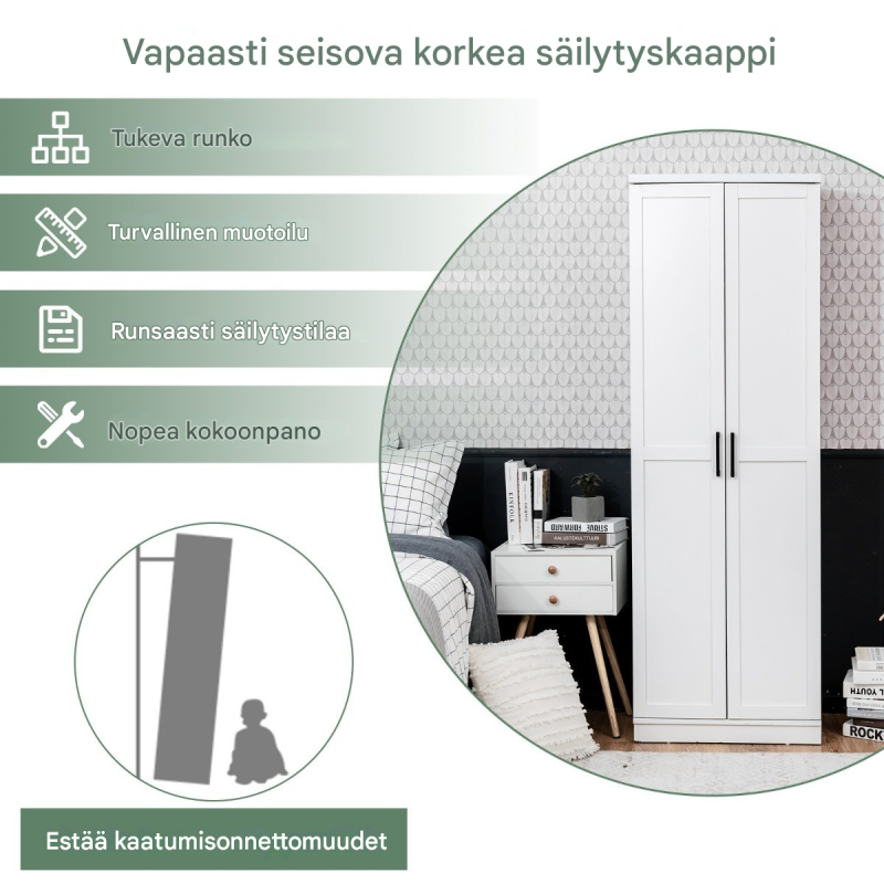 Valkoinen 178 cm korkea kaappi säädettävillä hyllyillä