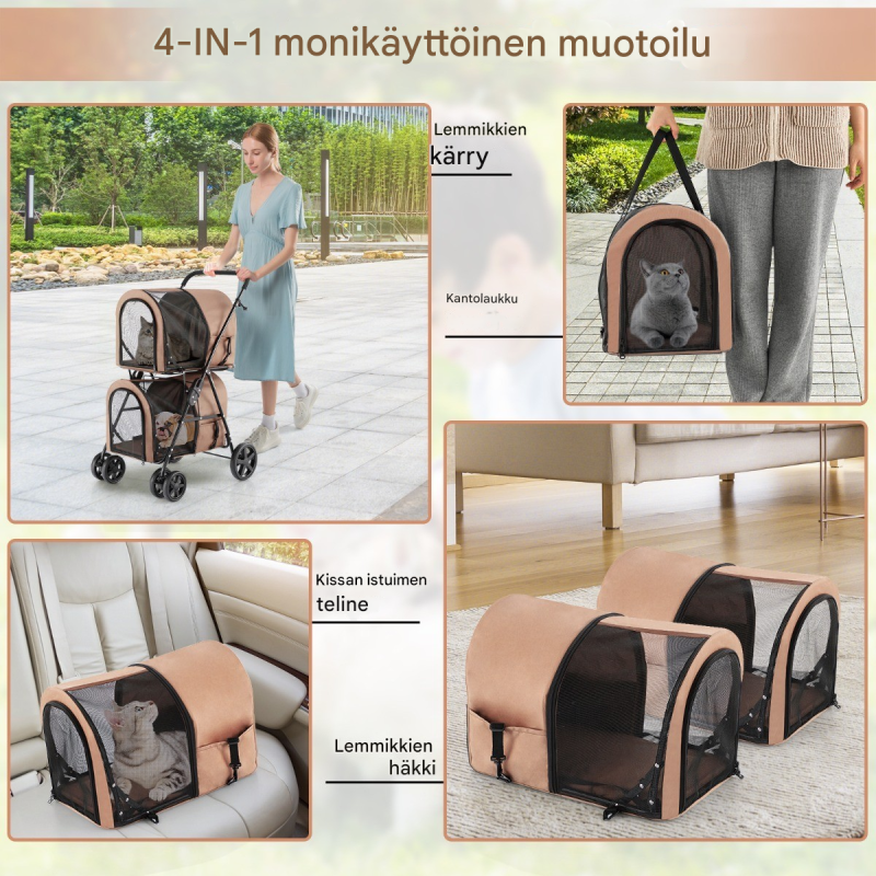Kaksikerroksinen lemmikkikärry verkkoikkunoilla ja juomatelineellä beige