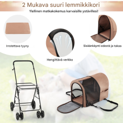 Kaksikerroksinen lemmikkikärry verkkoikkunoilla ja juomatelineellä beige