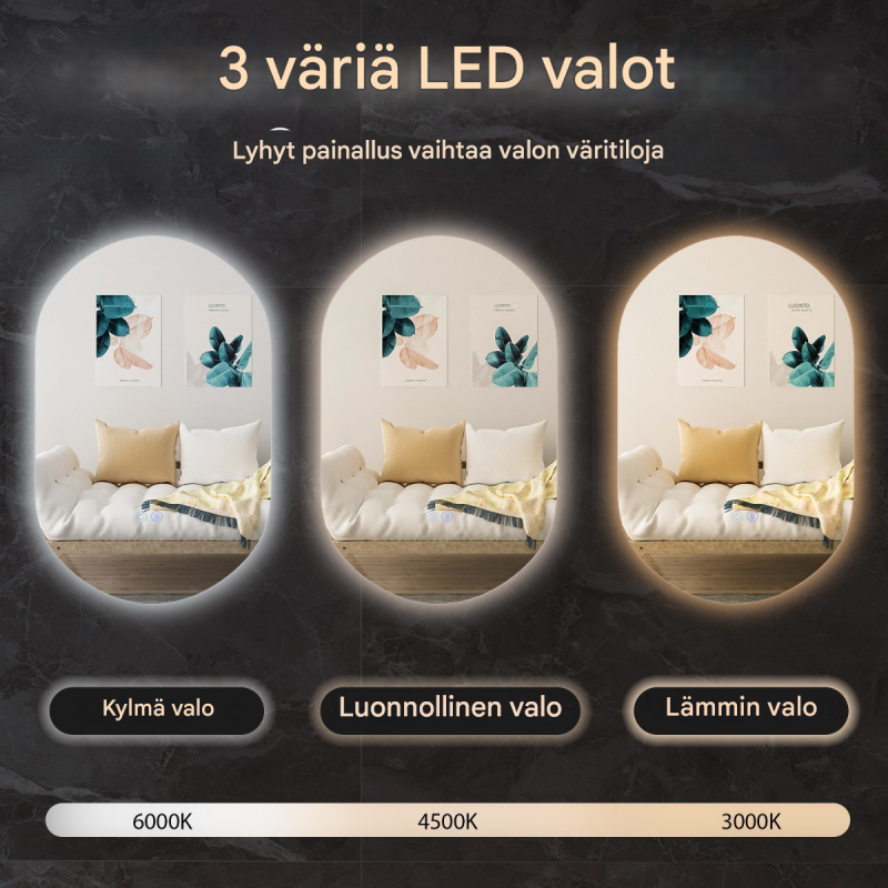 Soikea himmennettävä LED-seinäpeili kylpyhuoneeseen, 80x50 cm