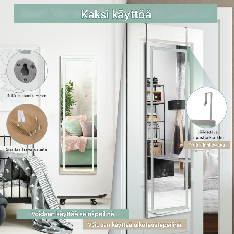 Valkoinen 2-in-1 kokovartalopeili säädettävällä LED-valaistuksella