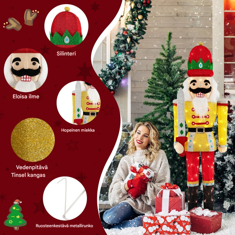 Valaistu elävä tinasotilas 166 cm jouluvaloilla
