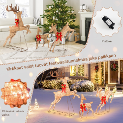 Kolmen osan valaistu poroperhesetti joulukoriste valkoinen