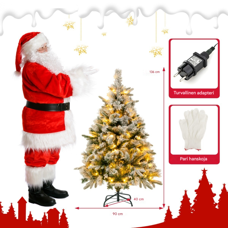 136 cm luminen tekokuusi lämpimillä LED-valoilla vihreä ja valkoinen