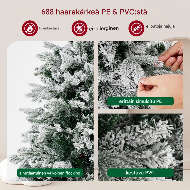 Lumihiutaleinen vihreä ja valkoinen joulukuusi 146 cm LED-valoilla