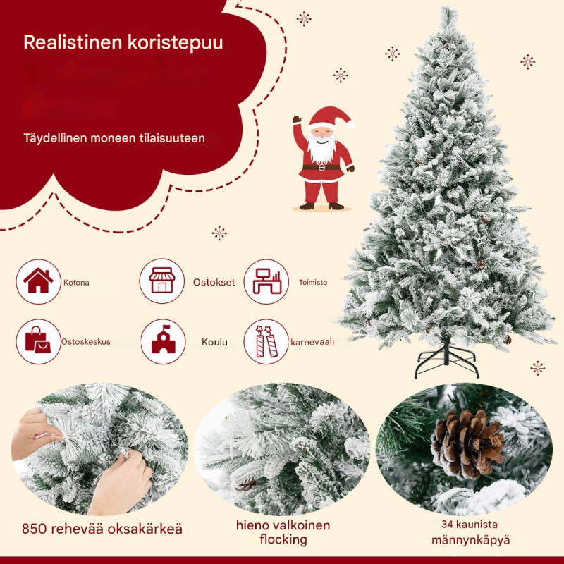 180 cm luminen joulukuusi LED-valoilla ja kävyillä