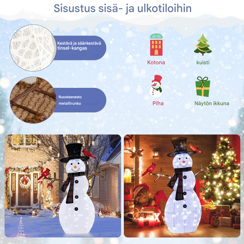 Valaistu lumiukko ja punatulkut joulukoriste ulko- ja sisäkäyttöön