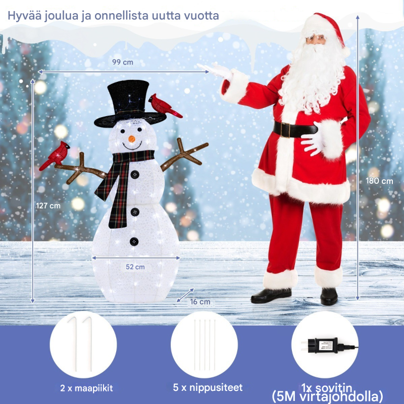 Valaistu lumiukko ja punatulkut joulukoriste ulko- ja sisäkäyttöön