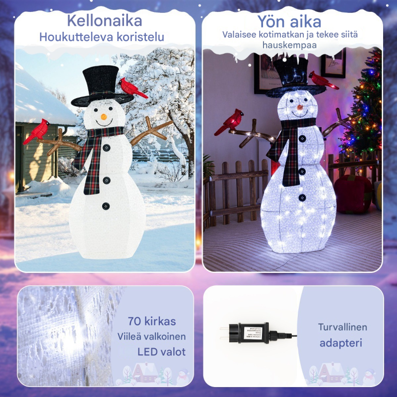 Valaistu lumiukko ja punatulkut joulukoriste ulko- ja sisäkäyttöön