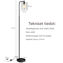 Musta teollinen lattiavalaisin lasivarjostimella ja jalkakytkimellä