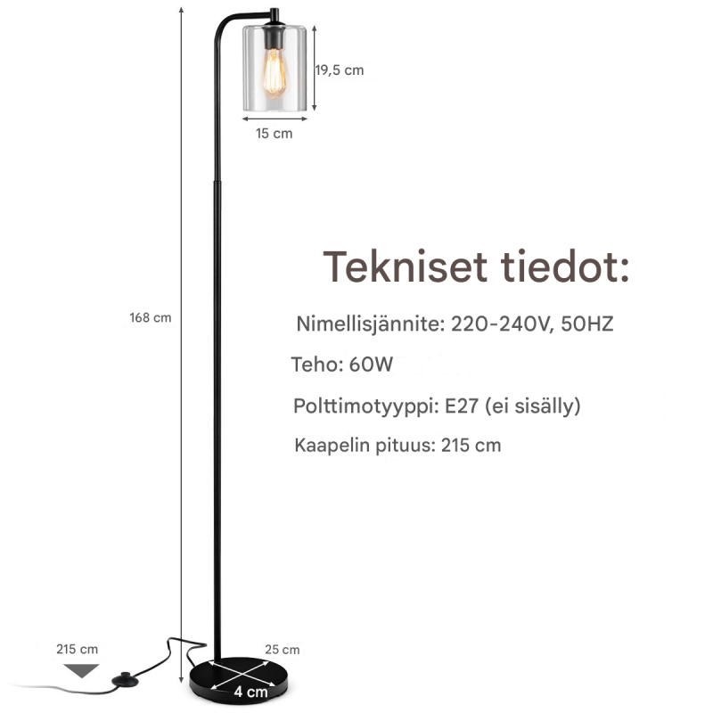 Musta teollinen lattiavalaisin lasivarjostimella ja jalkakytkimellä