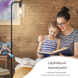 Musta teollinen lattiavalaisin lasivarjostimella ja jalkakytkimellä