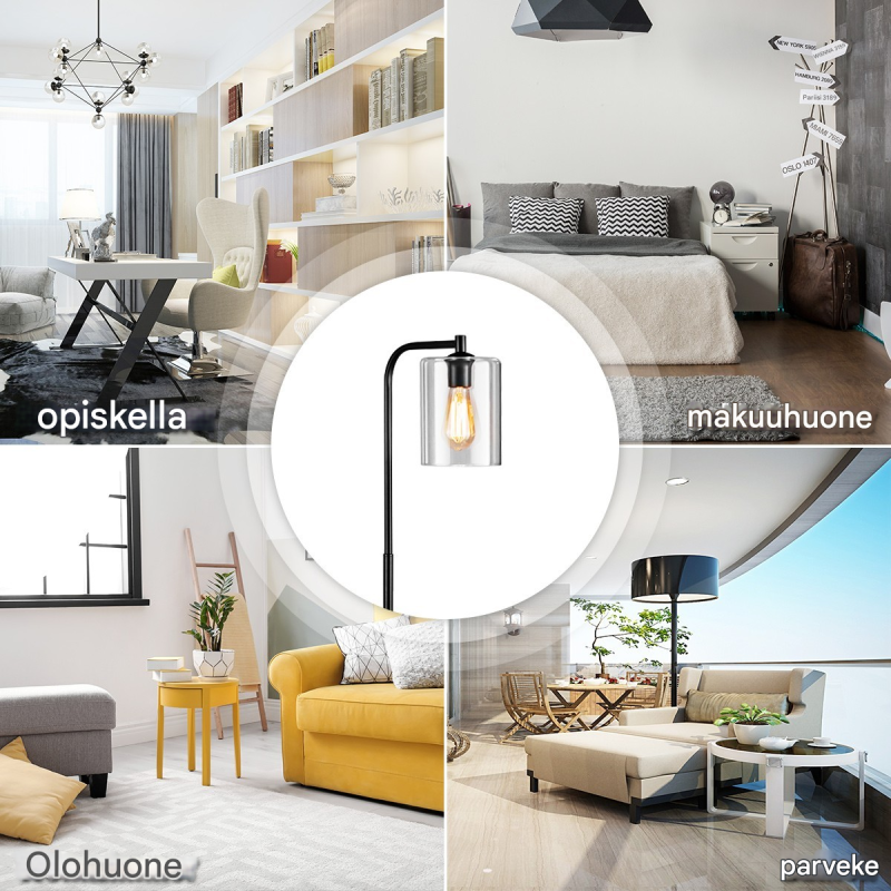 Musta teollinen lattiavalaisin lasivarjostimella ja jalkakytkimellä