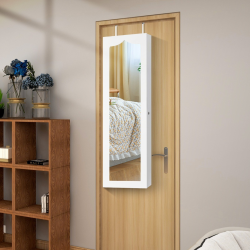 Valkoinen seinälle ripustettava korukaappi peilillä ja LED-valoilla