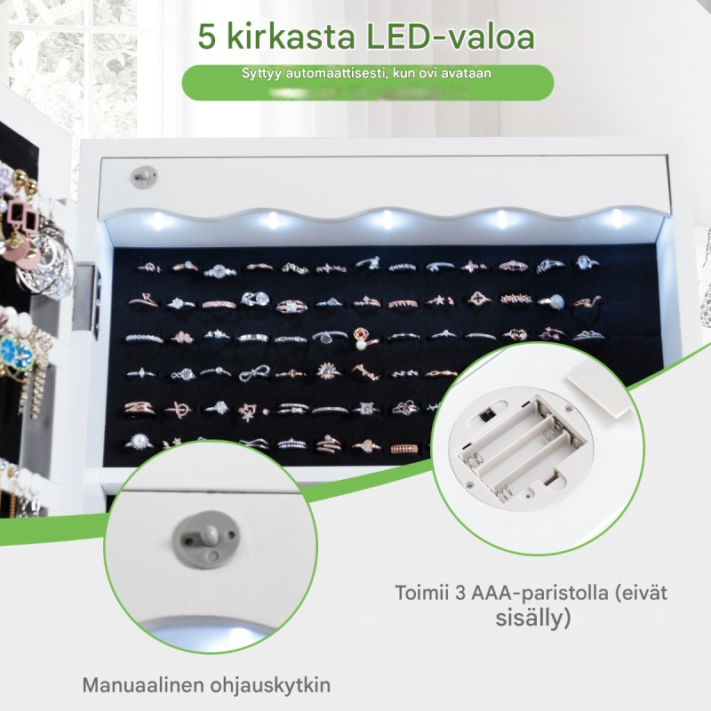 Valkoinen seinälle ripustettava korukaappi peilillä ja LED-valoilla