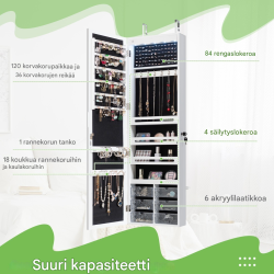 Valkoinen seinälle ripustettava korukaappi peilillä ja LED-valoilla