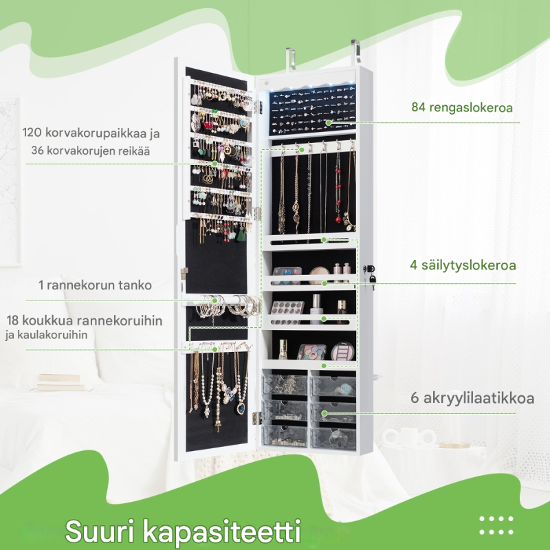 Valkoinen seinälle ripustettava korukaappi peilillä ja LED-valoilla