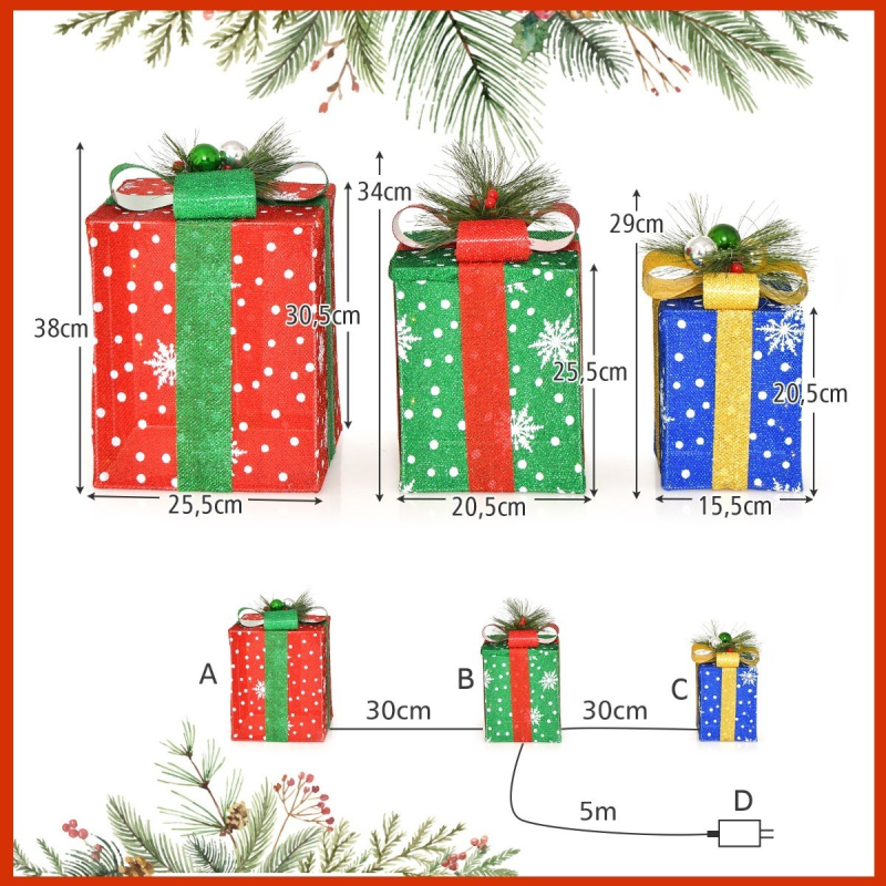 Kolmen setti LED-lahjapakkauksia lämpimillä valoilla