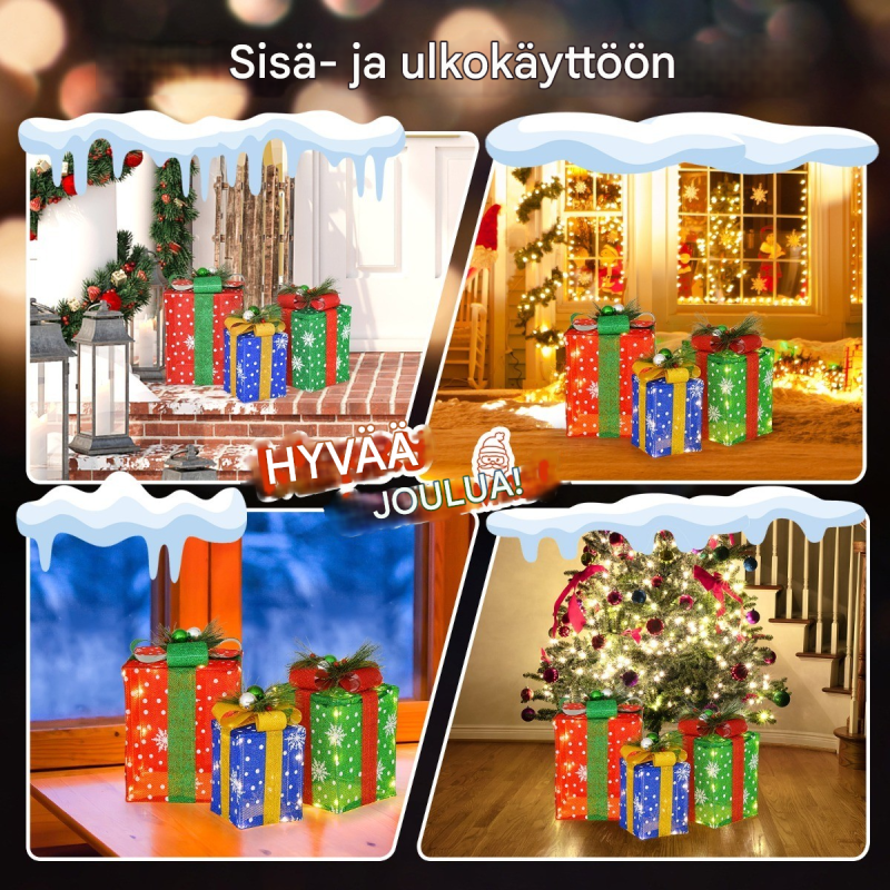 Kolmen setti LED-lahjapakkauksia lämpimillä valoilla