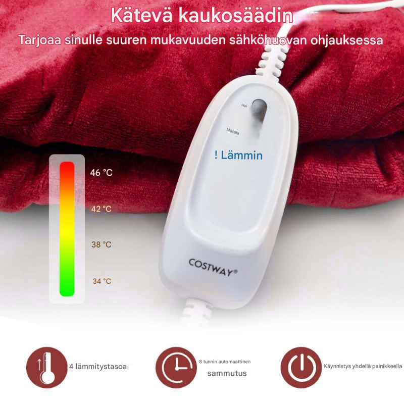 Sähköinen punainen heittopeitto, 4 lämpötilaa, ylikuumenemissuoja