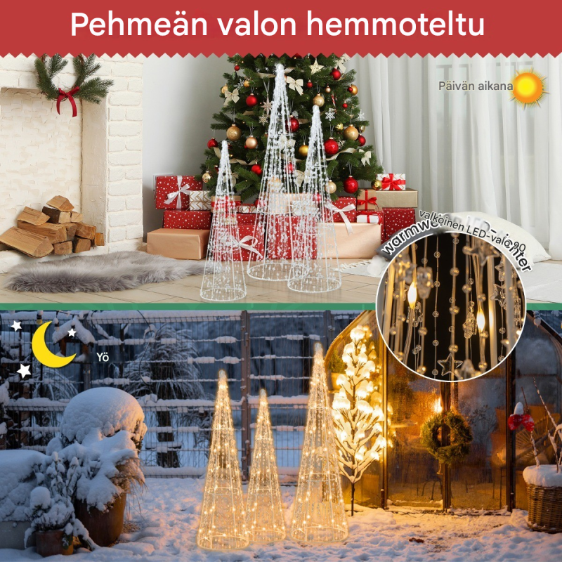 Kolmen valkoinen LED-joulukartiopuu-setti tähtinauhoilla ulkokäyttöön