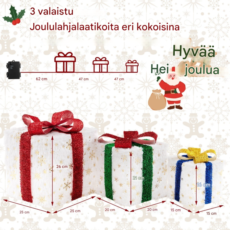 Kolmen setti led-lahjapakkauksia ajastimella ja lämpimillä valoilla