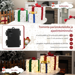 Kolmen setti led-lahjapakkauksia ajastimella ja lämpimillä valoilla