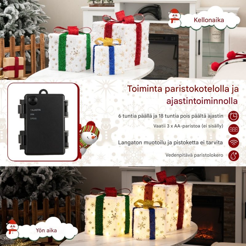 Kolmen setti led-lahjapakkauksia ajastimella ja lämpimillä valoilla
