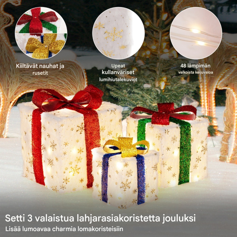 Kolmen setti led-lahjapakkauksia ajastimella ja lämpimillä valoilla