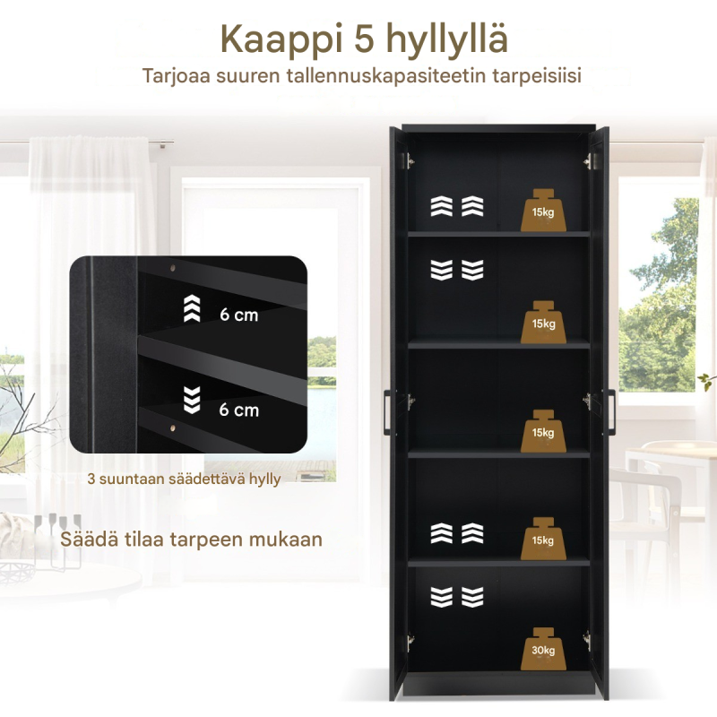Korkea musta kaappi 178 cm, säädettävät hyllyt, 5 tasoa