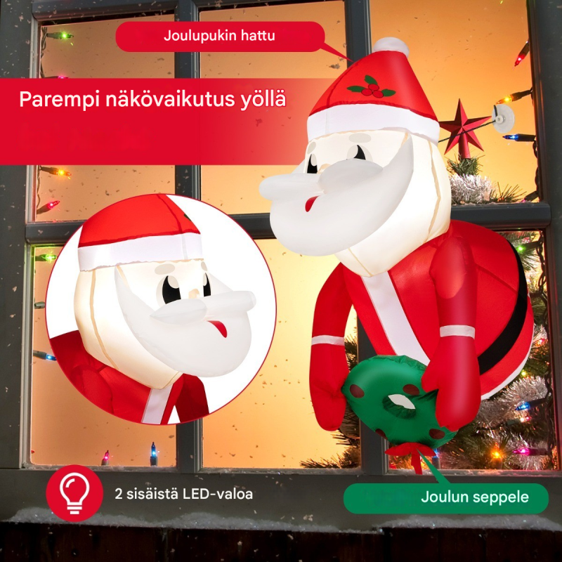 Ikkunasta kurkistava punainen joulupukki LED-valoilla